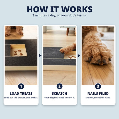 How ScratchStash works: load treats, scratch, nails filed