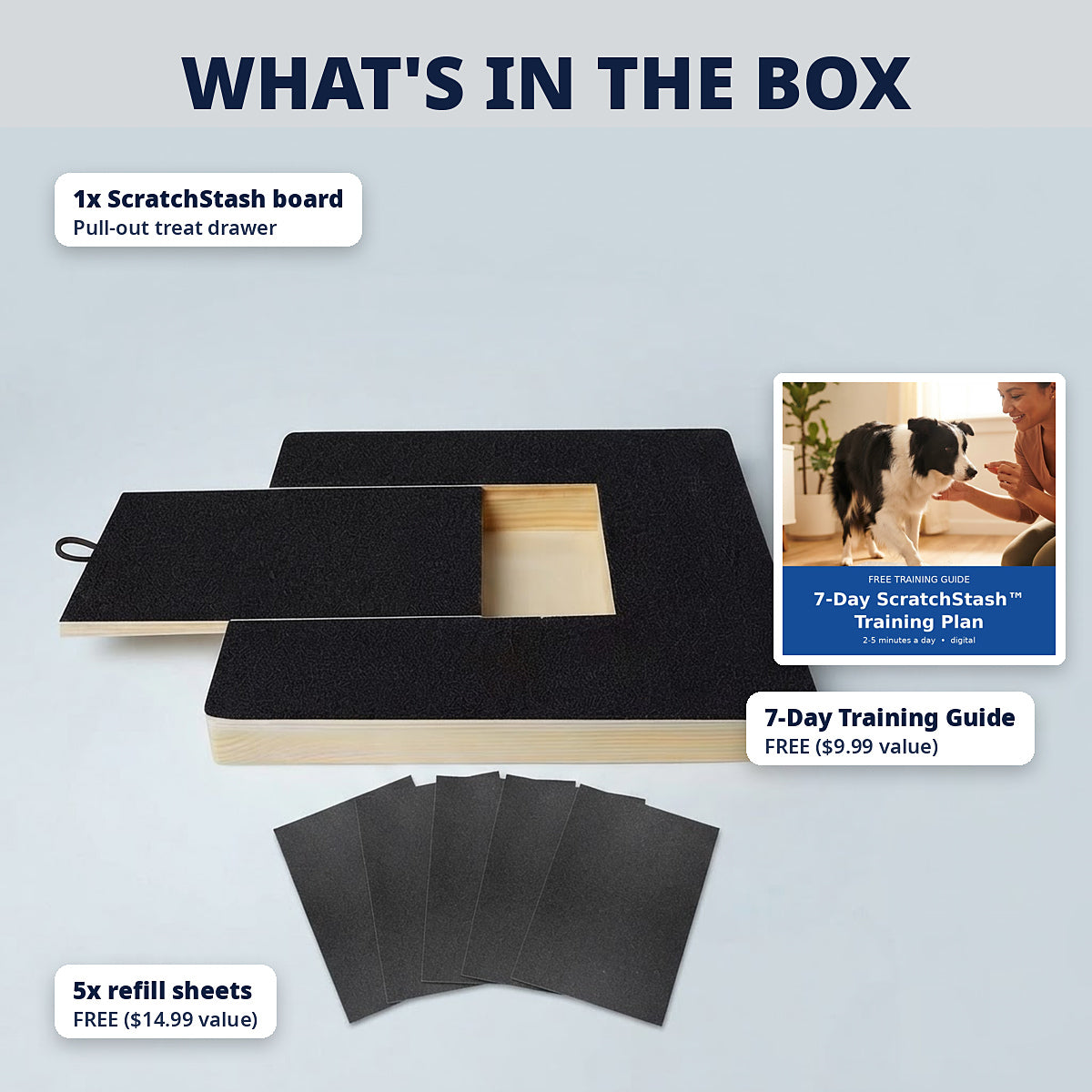 ScratchStash board with 5 refill sheets and training guide
